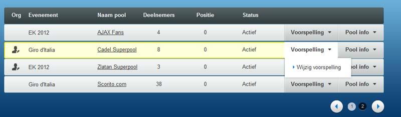 5.2.2 Voorspelling / team wijzigen Als je je voorspelling / team wilt wijzigen, dan klik je op Voorspelling in de regel van de sportpool waarvoor je deze wilt wijzigen.