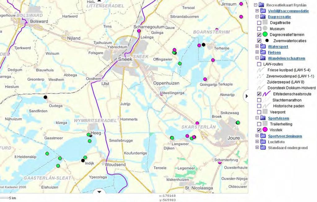 Dagrecreatieve terreinen worden aangetroffen bij Heeg, Indyk en het eiland in het Hegemer Mar. Officiële zwemwaterlocaties liggen ook bij Heeg en Indyk en tevens bij Oudega.