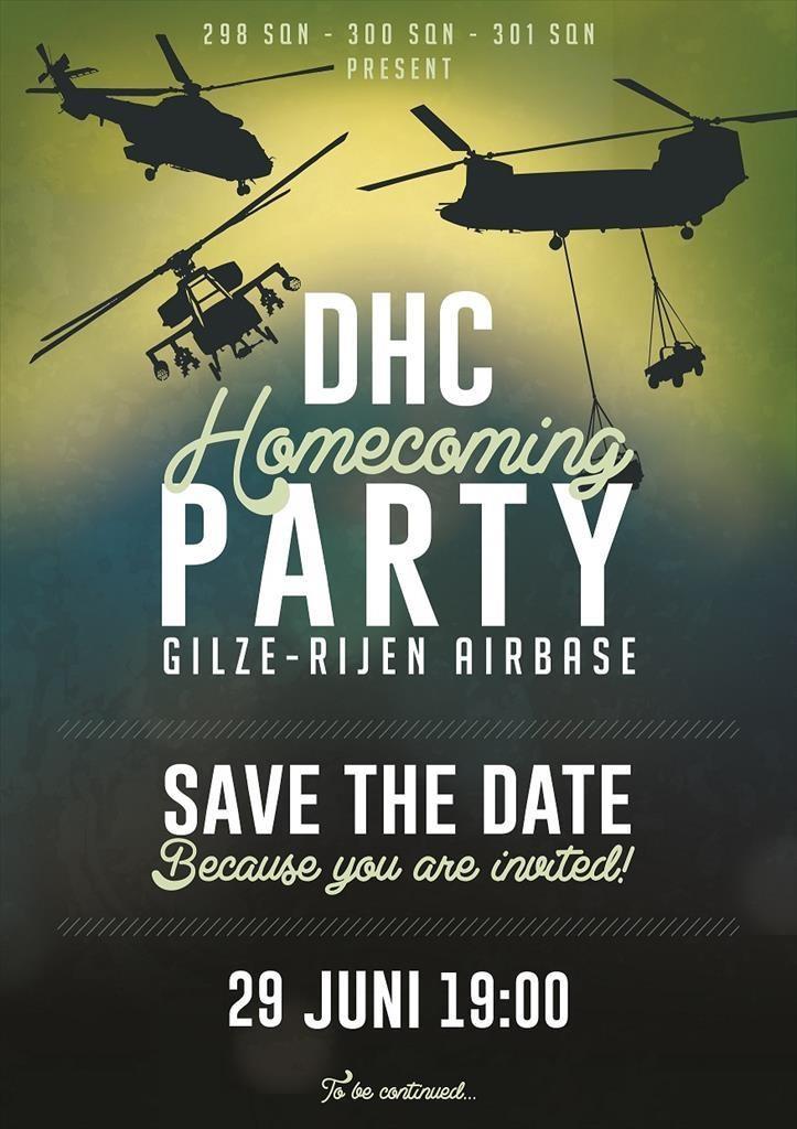DHC Homecoming Party 07 juni 2017 12:45 De crewrooms van een aantal squadrons van het Defensie Helikopter Commando organiseren op donderdag 29 juni de DHC Homecoming Party voor alle Luchtmachters.