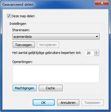 Basisbediening Klik in Windows XP met de rechtermuisknop op de map "scannerdata" en selecteer Delen en