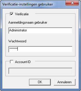 Voorbereiding voor het gebruik 7 Vink het vakje naast Verificatie aan, voer de Aanmeldingsnaam gebruiker (tot 64 tekens) en het Wachtwoord (tot 64 tekens) in en klik op OK. 8 Klik op OK.