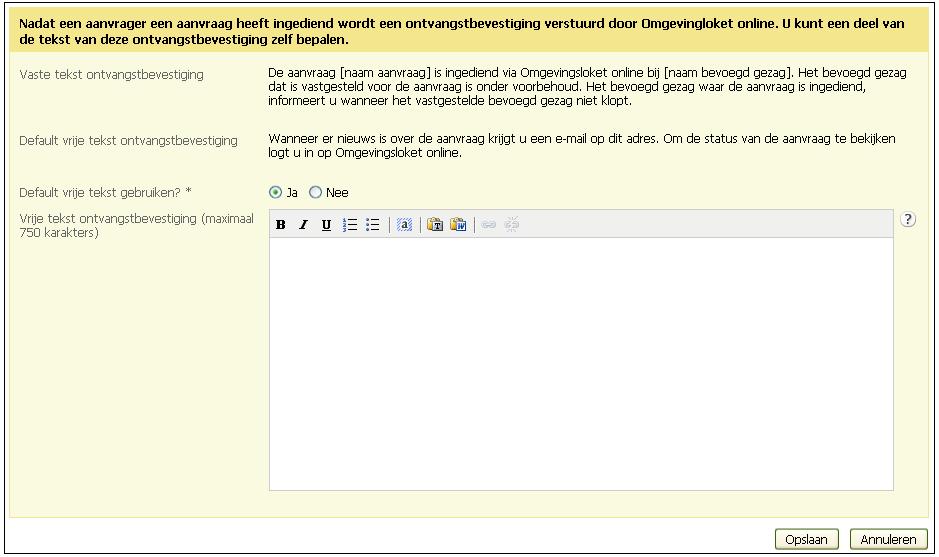 De lokaal beheerder past de tekst van de ontvangstbevestiging op de volgende manier aan: 1. Log in in Omgevingsloket online en selecteer de tab Beheer. 2.