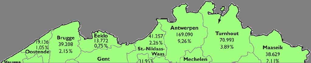 Kaart 1: kinderen per arrondissement in het werknemersstelsel Vlaams Gewest 56,82 % Waals Gewest 32,98 % Brussels Hoofdstedelijk Gewest