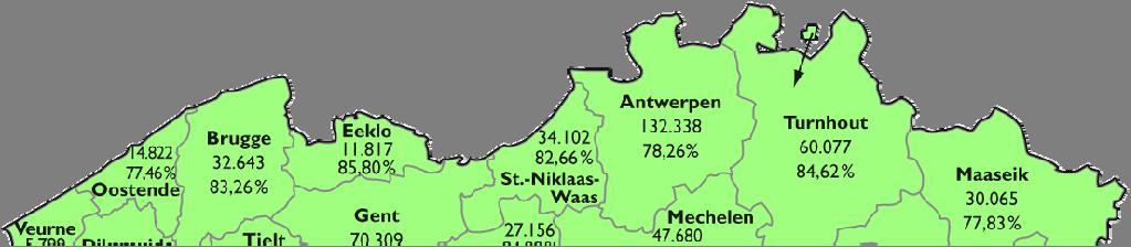 Kaart 2: kinderen per arrondissement arbeidsprestaties & tijdelijk werklozen - werknemersstelsel Vlaams Gewest 82,39 % Waals Gewest 65,80 % Brussels Hoofdstedelijk Gewest 57,63 % Rijk 74,39 % Het