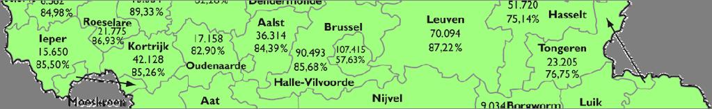89,33 procent in het arrondissement Tielt. Dit percentage verschilt dus heel sterk naargelang het arrondissement.