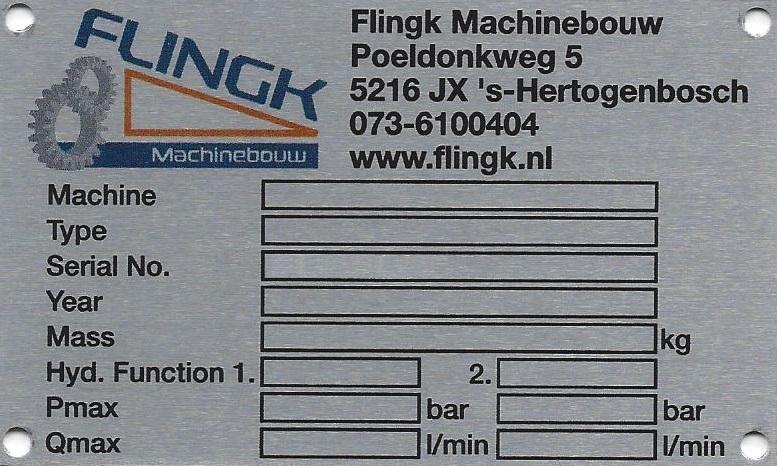 2. GEGEVENS TYPEPLAATJE Het typeplaatje van de Flingk instrooier is te vinden aan de voorkant, rechtsboven bij het aankoppelpunt van de machine. A B C D E F H I G J K A. Aanduiding van de machine : B.