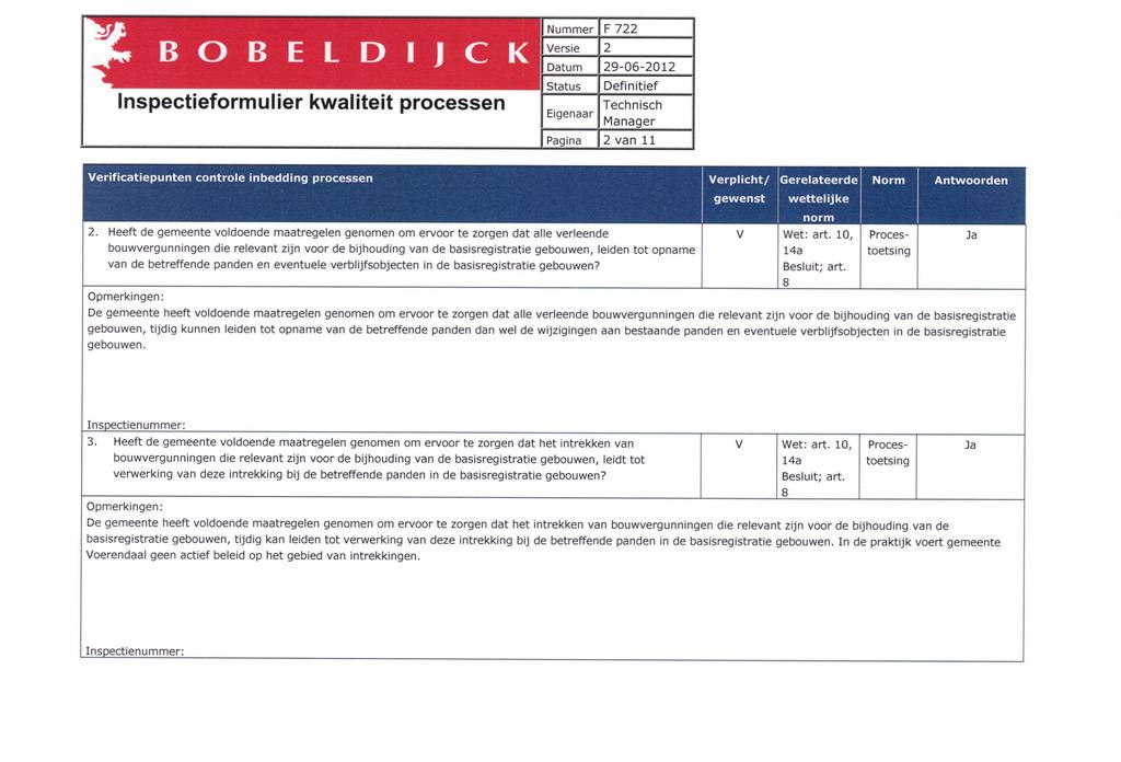 F 722 2 van 11 Verificatiepunten controle inbedding processen Verplicht/ Gerelateerde Norm Antwoorden gewenst wettelijke Heeft de gemeente voldoende maatregelen genomen om ervoor te zorgen dat alle