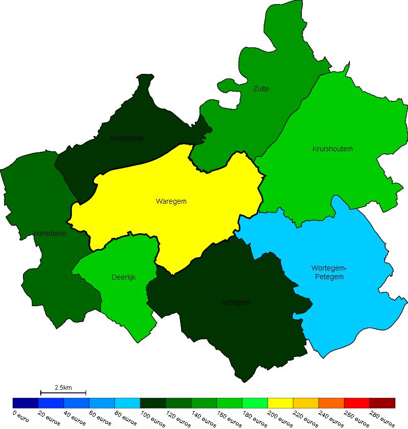 Vastgoed Prijs van bouwgrond in Waregem en omgeving Gemiddelde prijs in e/m 2 van bouwgrond in Waregem en omgeving Bron : Berekeningen van de ADSEI (FOD Economie) op basis