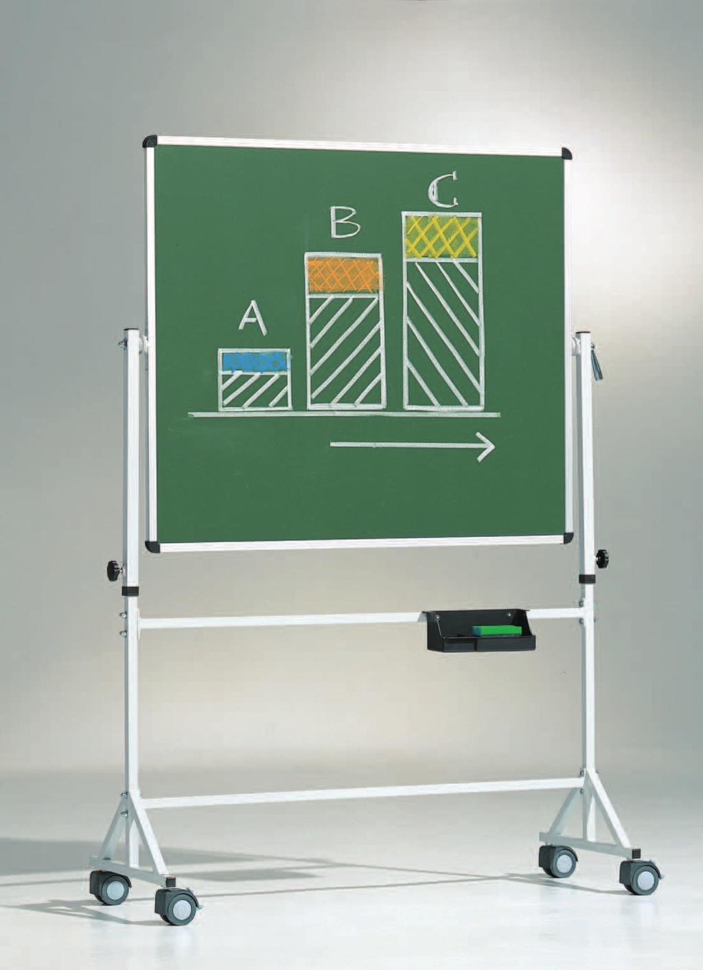 Flexibel lichtgewicht Kantelbord op een onderstel van vierkante buizen. Het werkvlak is 360 graden draaibaar, op beide zijden beschrijfbaar en kan in elke gewenste positie vastgezet worden.