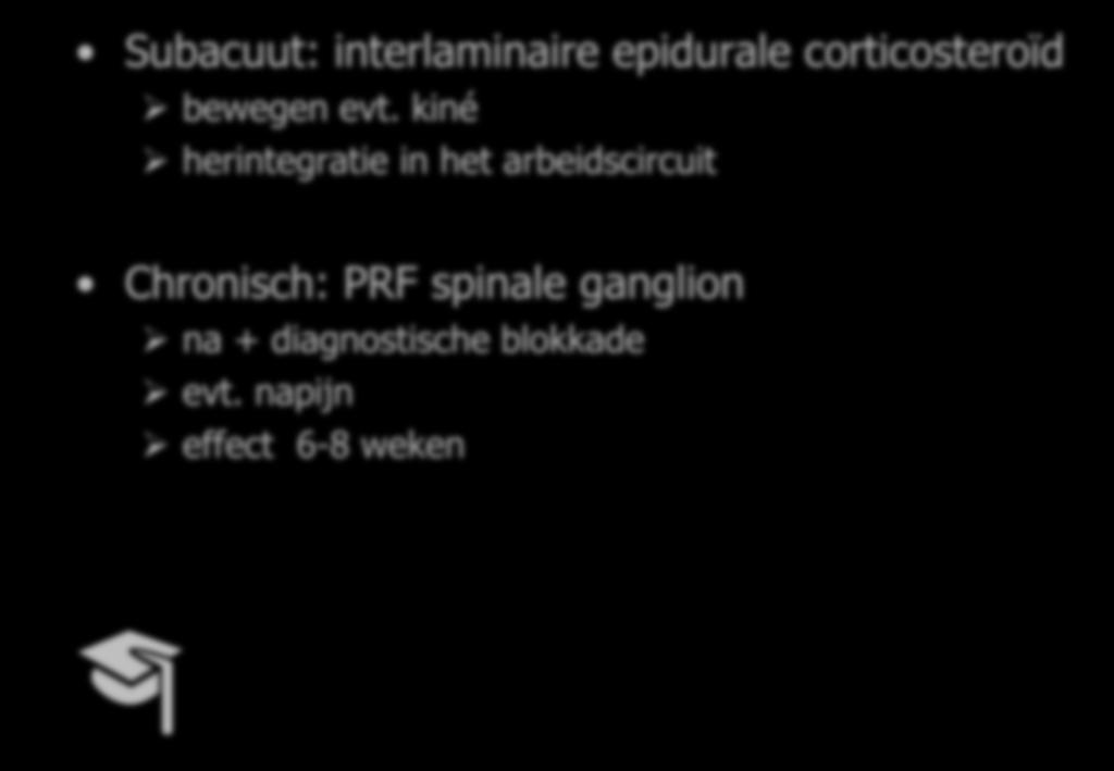 Besluit radiculaire pijn: zinvol Subacuut: interlaminaire epidurale corticosteroïd bewegen evt.