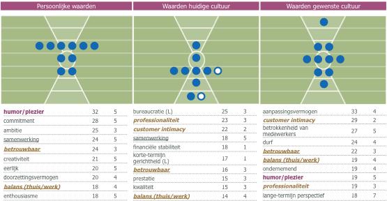 Een voorbeeld Het onderzoek laat de relatie zien tussen persoonlijke waarden, de huidige èn de gewenste cultuur.