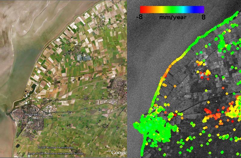 figuur 54 De door de tu Delft met ps-insar bepaalde deformaties in de buurt van Harlingen. Met deze techniek kunnen deformaties tot op een millimeter per jaar bepaald worden.