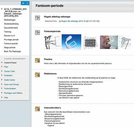 Afb. 1. Een Blackboard-pagina van het onderwijs in radiologische opnametechniek, zoals gebruikt in de opleiding tandheelkunde aan het ACTA.