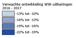 Box 3.2. De daling van de WW 2016 en raming 2017 per arbeidsmarktregio. In 2016 zijn de WW-uitkeringslasten met circa 13% gedaald ten opzichte van 2015 (linker figuur).