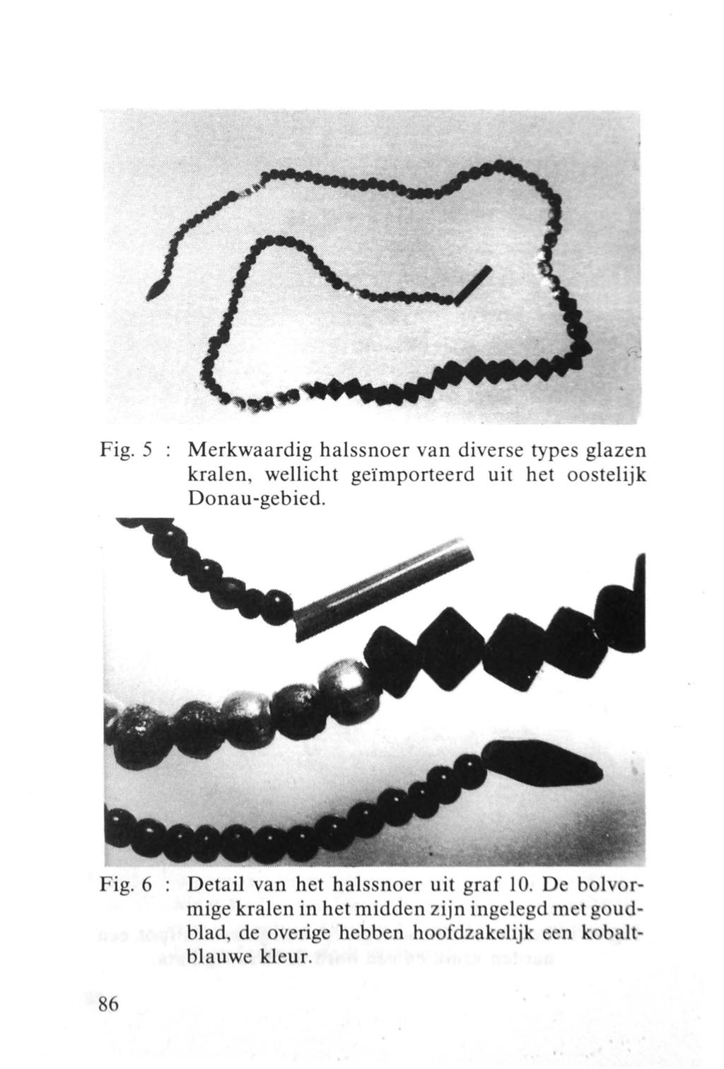 Fig. 5 Merkwaardig halssnoer van diverse types glazen kralen, wellicht geïmporteerd uit het oostelijk Donau-gebied. Fig.