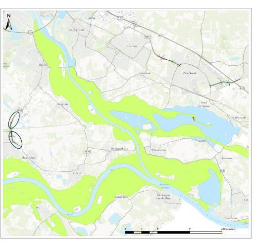 Figuur 11: Uitsnede Natura 2000-gebied Rijntakken en globale ligging onderzoekgebieden N839.
