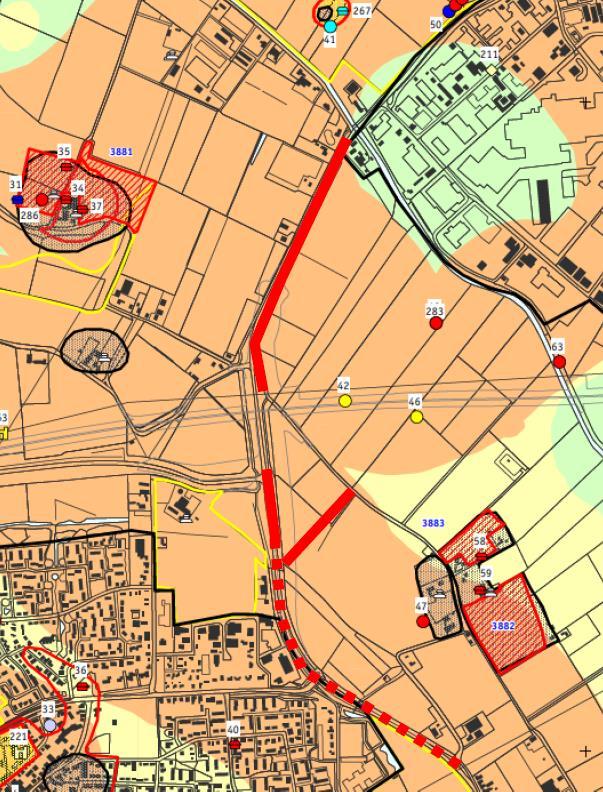 Figuur 13: Detail beleidsadvieskaart gemeente Lingewaard met plangebied in zone met hoge verwachting. met in oranje hoge, in geel middelhoge en in groen lage verwachting.