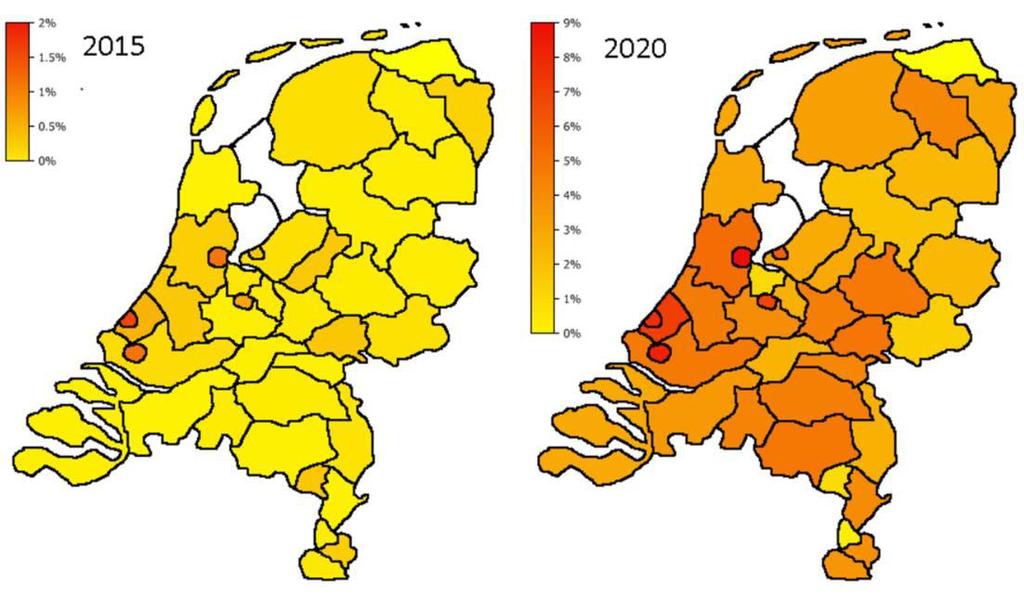 Bijlage 3: Arbeidsmarktprognose per gebied en regio 2015-2020 Figuur: vacaturedruk PO 2015 en 2020 naar regio: RPA-gebieden, met G4 apart aangegeven.