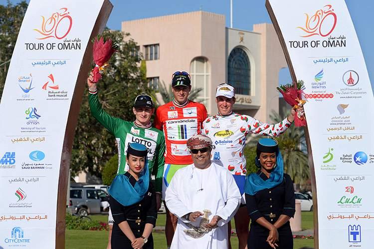 Podium na de rit van vrijdag met truidragers Greipel, Sagan en Jelle Wallays (Foto TDWsport.com) Truien scoren in Oman en Spanje 20 februari 2014 - Tour of Oman (Oma., 2.