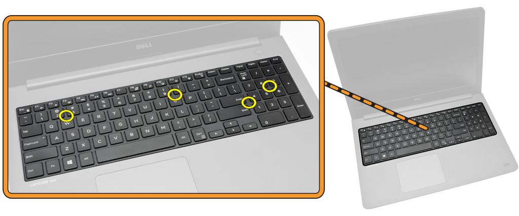 7. Druk op de zijkanten van het toetsenbord, gevolgd door de locaties die in de afbeelding staan aangegeven om het toetsenbord