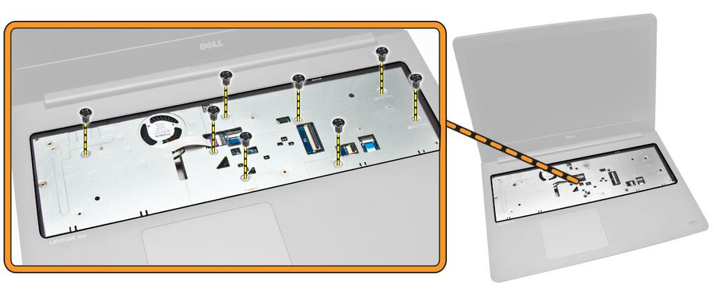 9. Plaats: a. Batterij b. Onderplaat Het onderframe verwijderen 1. Volg de procedures in Voordat u in de computer gaat werken. 2. Verwijder: a. Onderplaat b. Batterij c.