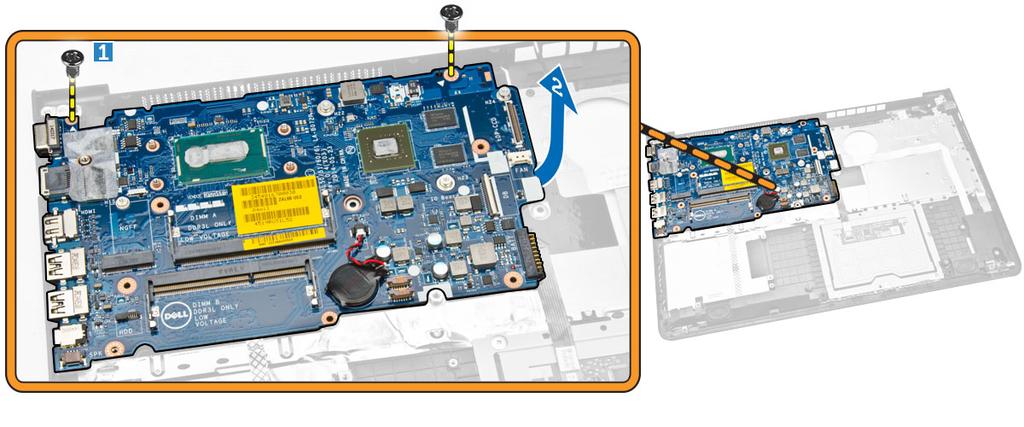 Het moederbord plaatsen 1. Plaats de stroomconnector. 2. Plaats het moederbord in de computer. 3. Draai de schroef vast om het moederbord aan de computer te bevestigen. 4. Sluit de luidspreker aan. 5.