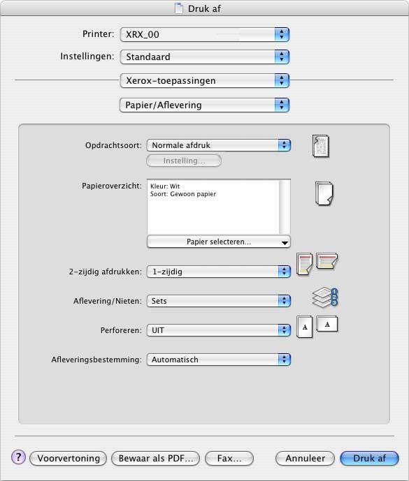 Aangepaste drivertoepassingen Er zijn OS X-printerdrivertoepassingen in het pop-upmenu Xerox-toepassingen opgenomen.