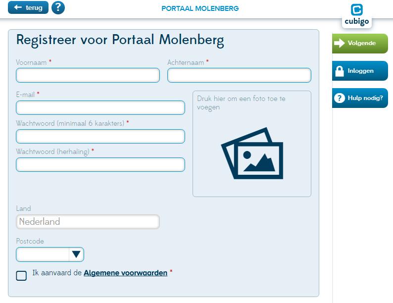 Inloggen en gratis aanmelden 1. Aanmelden Als u nog geen inloggegevens heeft, meld u dan gratis aan door Molenberg te selecteren op: www.portalheerlen.nl. Vervolgens verschijnt het scherm waarop u zich kunt aanmelden (zie voorbeeld hieronder) OPGELET: Indien u nog geen email adres heeft, maak dan eerst een email adres aan.