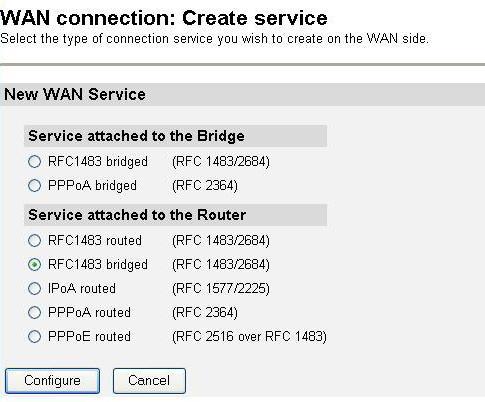 Kies bij Service attached to the Router voor: RFC1483 bridged. Klik op Configure.