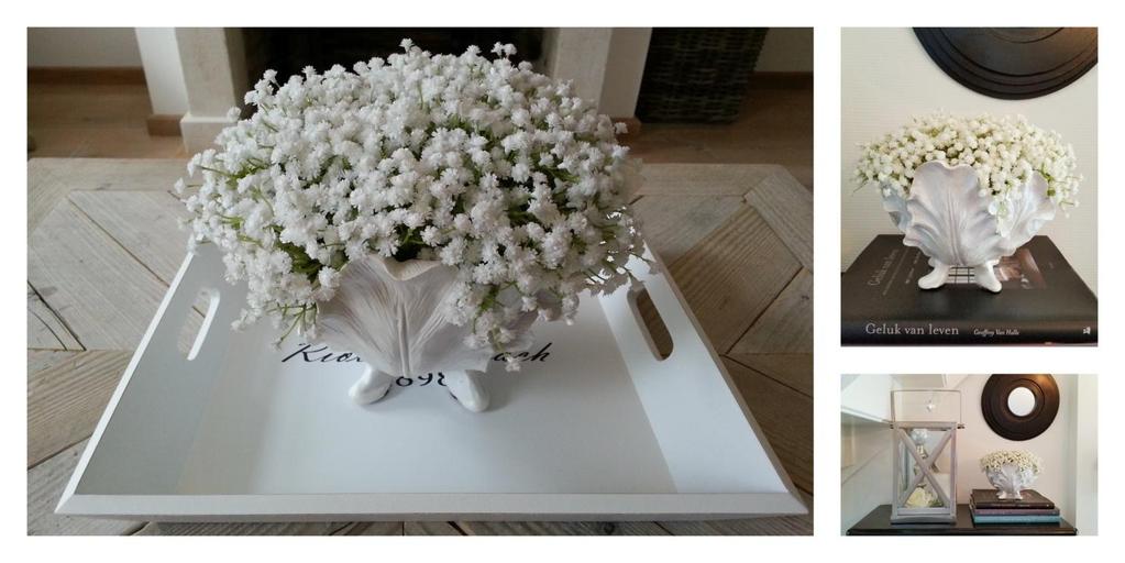 Witte parelmoer tulpvormige vaas met kunst gipskruid Afmetingen: Doorsnede 27 cm en 17 cm hoog. Deze schattige decoratie voegt een frisse noot toe.