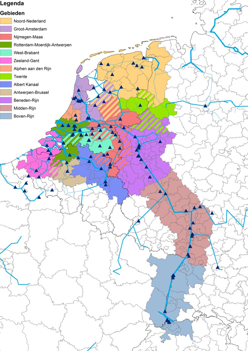 4. Vaargebieden Voor verdere analyse zijn de terminals en regio s met diensten van en naar Rotterdam toegewezen aan vaargebieden op NUTS3-niveau, zie figuur.