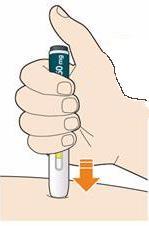 Druk de gele veiligheidsafdekking stevig tegen uw huid onder een hoek van 90. Houd de pen stevig tegen uw lichaam gedrukt totdat de gele veiligheidsafdekking niet langer zichtbaar is.