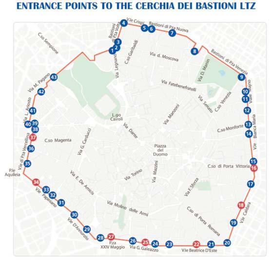 Figuur 4.11 Emissiearme zone in de stad Milaan, met 43 toegangspunten. Bron: http://www.comune.milano.it/dseserver/ecopass/images/ecopassbrochureinglese.pdf Figuur 4.