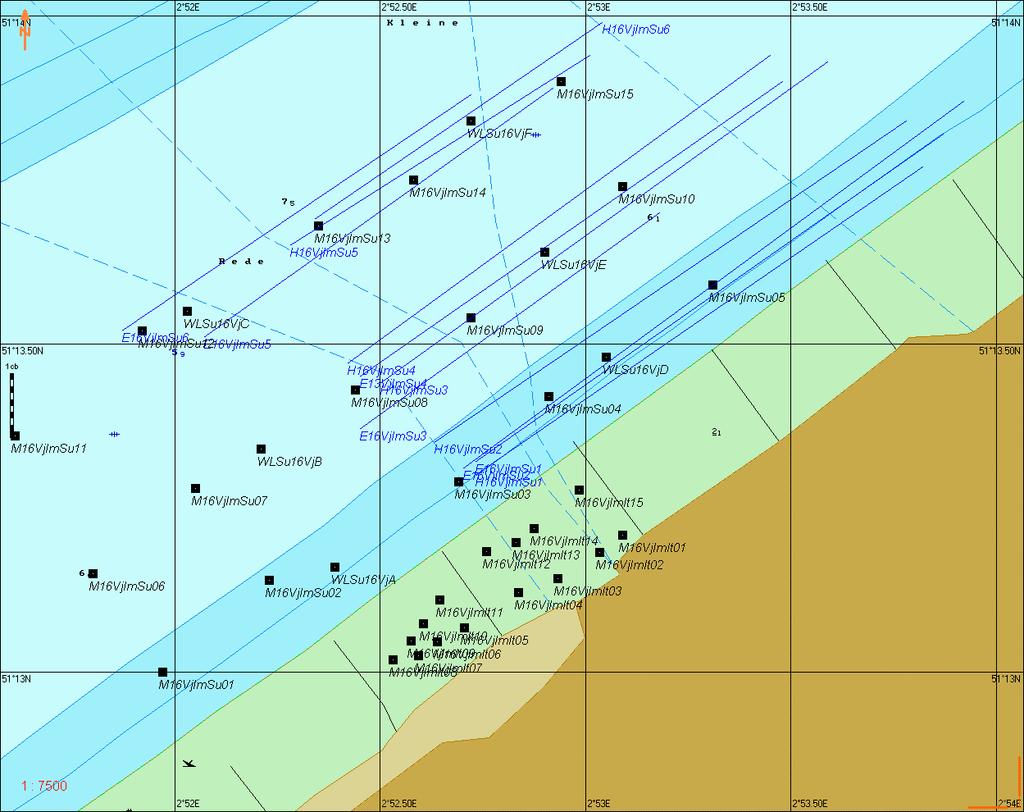 Figuur 2 Track plots van de subtidale campagne, macrobenthos punten en extra sediment