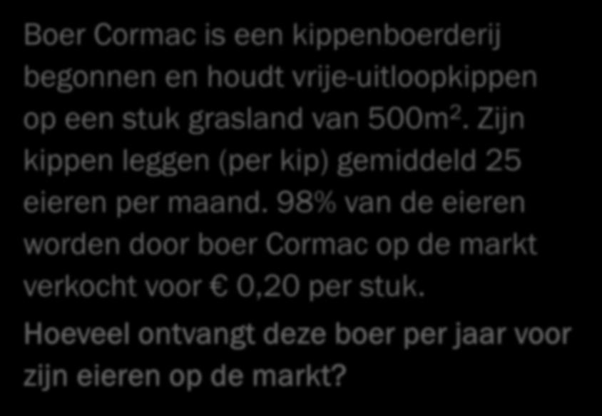 EXAMENOPGAVE Boer Cormac is een kippenboerderij begonnen en houdt vrije-uitloopkippen op een stuk grasland van 500m 2.