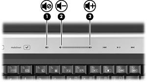 Geluidsvolume aanpassen U kunt het geluidsvolume regelen met de volgende voorzieningen: Volumeregeling van de computer: Druk op de knop Geluid uit (1) om het geluid uit of weer in te schakelen.