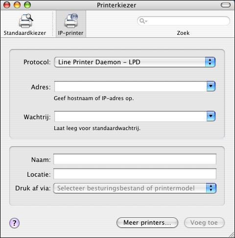 AFDRUKKEN VANUIT MAC OS X 20 EEN PRINTER TOEVOEGEN MET DE VERBINDING IP-PRINTER 1 Klik op IP-printer in het dialoogvenster Printerkiezer. Het deelvenster IP-printer wordt weergegeven.