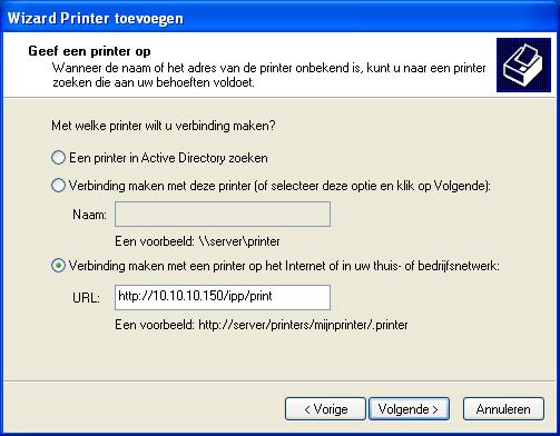 AFDRUKKEN VANUIT WINDOWS 52 5 Windows 2000/XP/Server 2003/Vista: Typ in het veld URL het IP-adres of de DNS-naam van de EX8002 gevolgd door ipp/ en vervolgens de naam van de verbinding (hold, direct