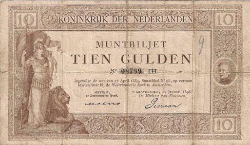 Veiling 55 Zaterdag 17 juni 2017 97 10 Gulden 1894 muntbiljet. Moens Pierson, 15-1-1898. Alm. 34-4. Ca.