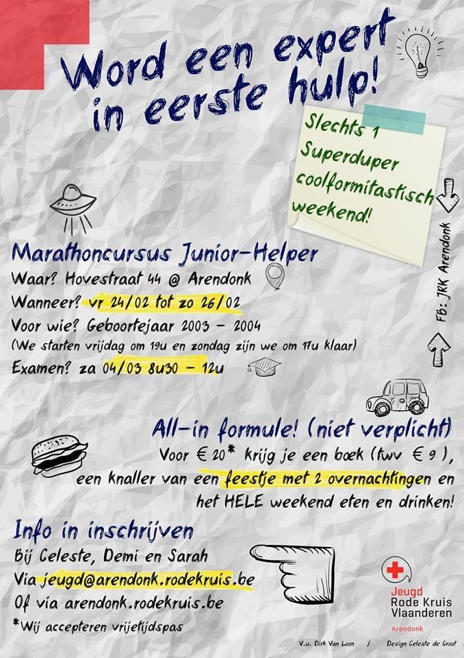 Cursus Junior Helper Ben je geboren in 2003 of 2004? Dan ben jij degene die wij zoeken! Jij kan het verschil maken door mensen te helpen, reanimeren, een wondje verzorgen,.