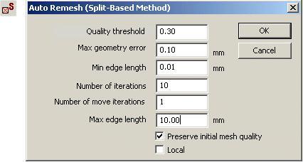 Bijlage D. Beschrijving Functies Mimics Remesher 199 De parameters worden kort toegelicht: Quality threshold : Minimumkwaliteit van de nieuwe gecreëerde driehoeken.