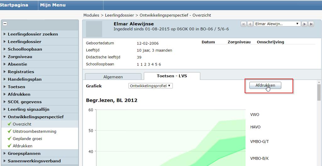 Als de toets geen vaardigheidsscore-omrekening heeft, dan wordt de tabel afgedrukt met de kolommen Ruwe score, Norm, DL en DLE.