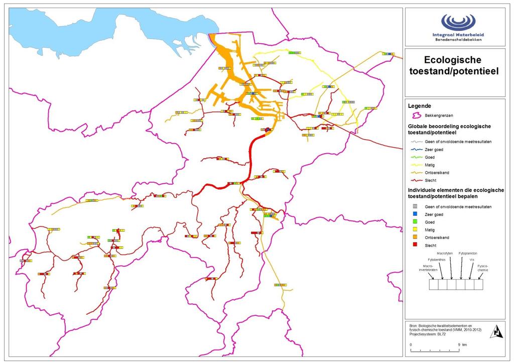 (naar tekst) Kaartenatlas, kaart 23: Beoordeling ecologische toestand/potentieel voor Vlaamse en Lokale (1e orde) waterlichamen in het Benedenscheldebekken