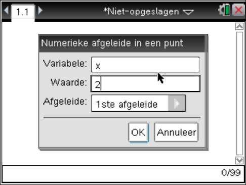 De optie nderivative( in het Rekenmachinescherm Je kunt de optie nderivative( gebruiken om de helling in een punt van de grafiek te krijgen.