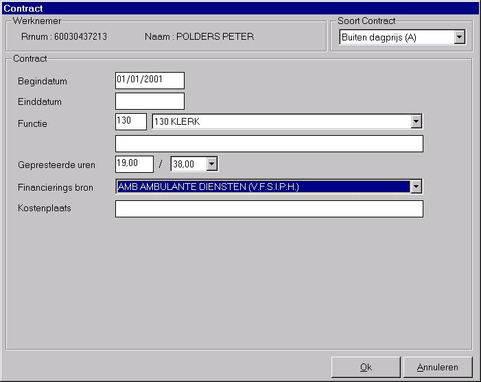 De gevraagde gegevens beperken zich tot : - begin- en einddatum van het contract - de functie. Via een pop-up menu krijgt u de keuze uit dezelfde functiecodes als bij de D- contracten.