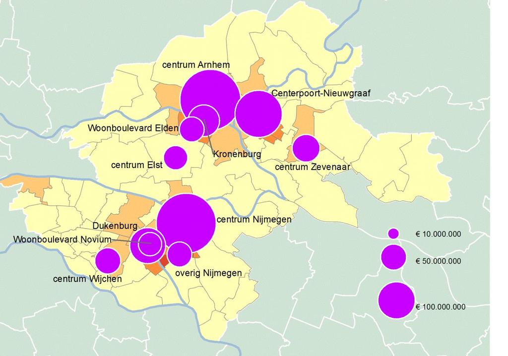 Arnhem centrum iets meer niet-dagelijkse bestedingen dan Nijmegen centrum In Arnhem centrum worden de meeste niet-dagelijkse bestedingen gedaan binnen de regio Arnhem- Nijmegen ( 271 miljoen, zie