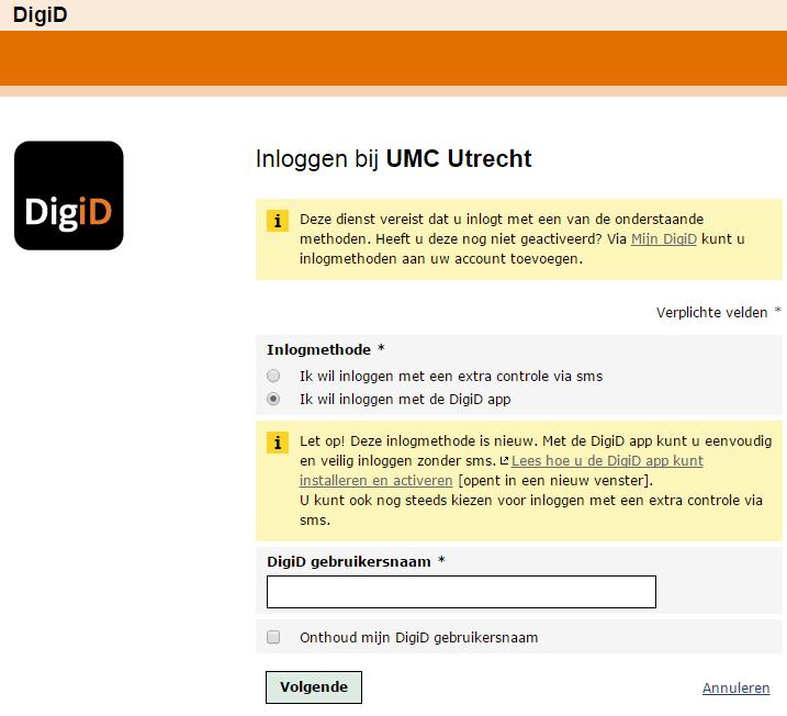 Stap 3: U komt op een invulscherm van DigiD, zie scherm hieronder. Hier kunt u inloggen met uw DigiD gebruikersnaam en de DigiD app of met uw DigiD gebruikersnaam en een extra controle via sms. 2.