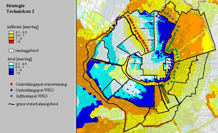 Figuur 51 geeft de stationair berekende kwel en infiltratie voor strategie Technieken 2. Figuur 52 geeft de berekende verandering van de kwel en infiltratie ten opzichte van de huidige situatie.