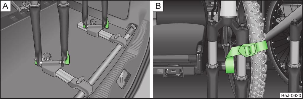 Fiets in de fietsdrager plaatsen Stabiliteit van de fietsen waarborgen met een riem Afbeelding 74 Fiets plaatsen / bevestigingsvoorbeeld van het voorwiel Lees en bekijk eerst en op bladzijde 80.
