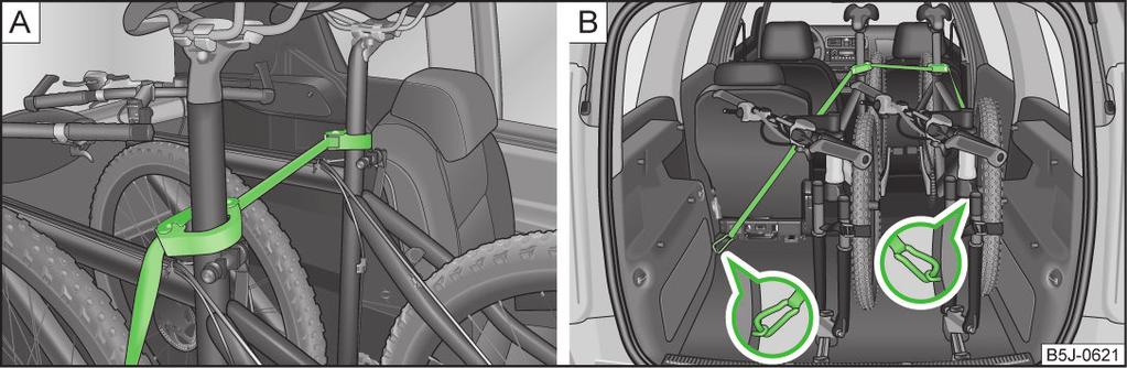 De voorvork op de bevestigingsas plaatsen en met de snelspanner vastzetten» Afbeelding 74 -. Het linkerpedaal van de fiets naar voren zetten om het voorwiel gemakkelijker te kunnen bevestigen.